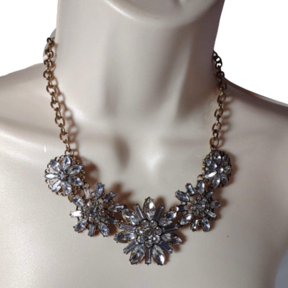 Floral Necklace Gold Tone with Faux Crystals Costume Statement